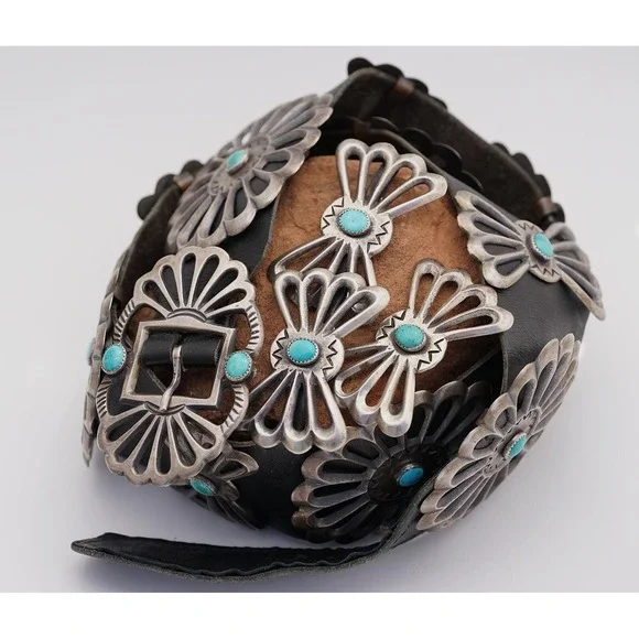 Vintage Louise Morgan Navajo Sterling Silver Sand Cast Turquoise Concho Belt - Picture 4 of 9